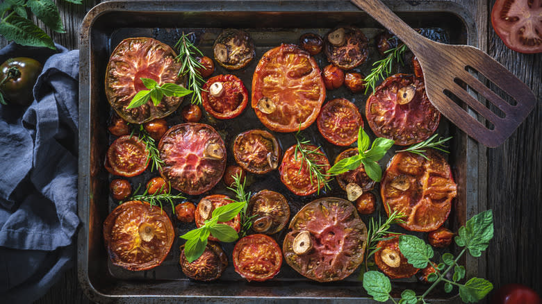 Sheet pan of roasted tomatoes
