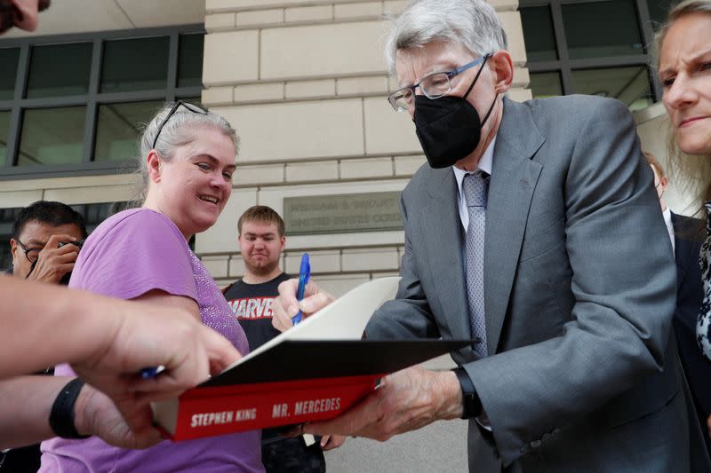 Novelist Stephen King testifies in an antitrust case against a publisher merger, at the U.S. District Court in Washington