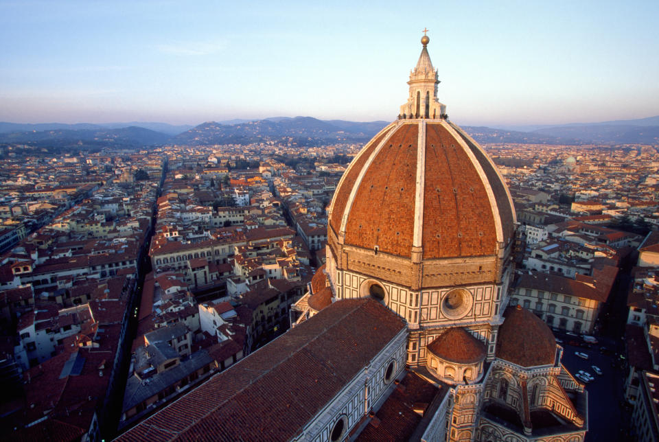 Aerial view of Florence with the Cathedral of Santa Maria del Fiore's dome at center