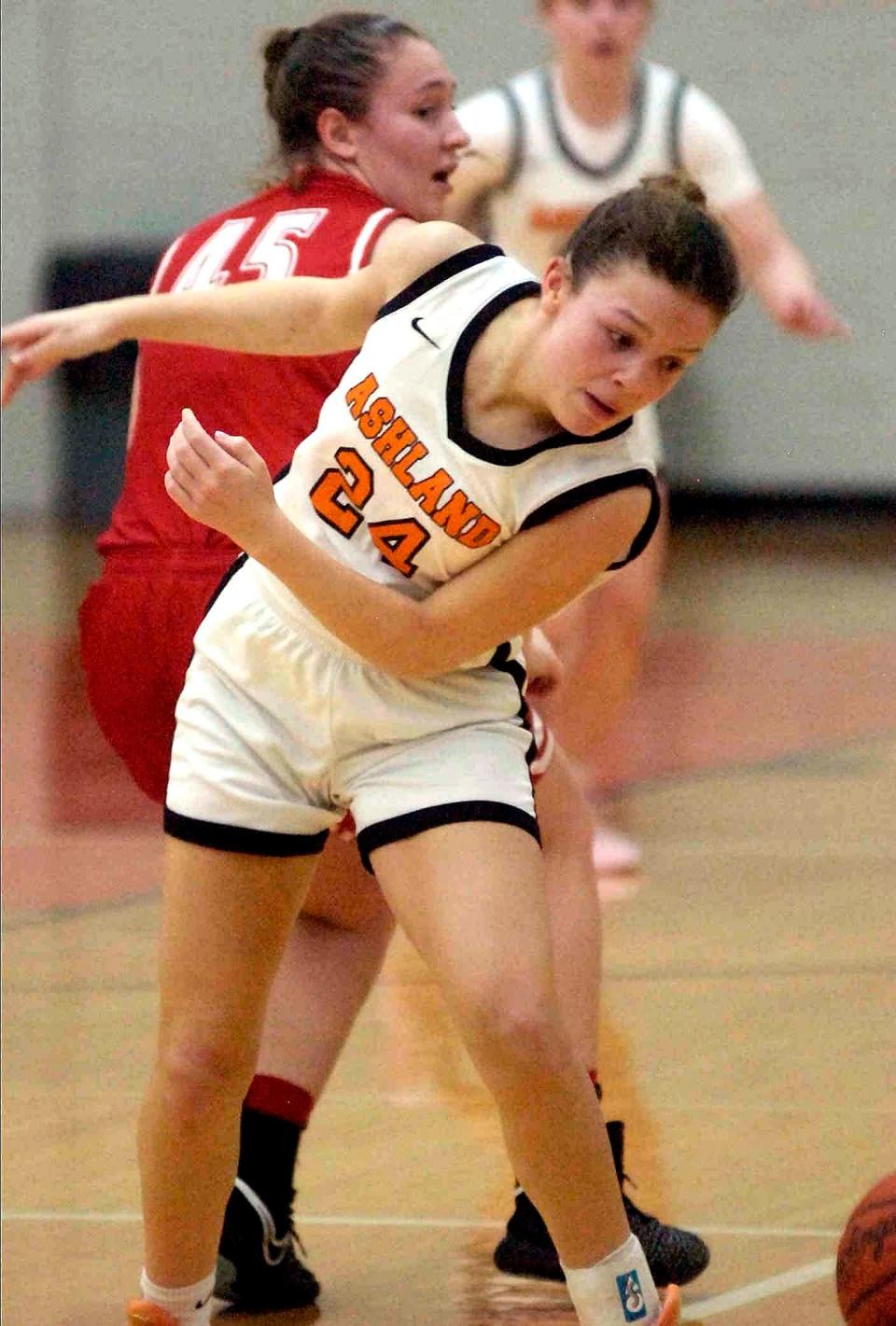 Ashland's Cienna Steury steals the ball from Wapakoneta's Maddison Springer during girls basketball action with Wapakoneta on Saturday.