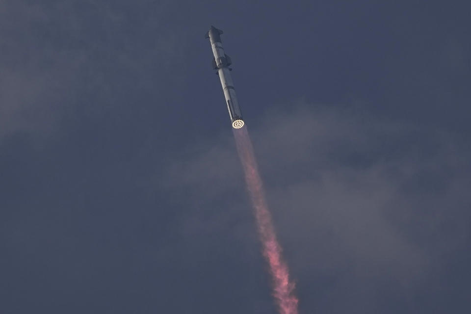 SpaceX's mega rocket Starship launches for it's third test flight from Starbase in Boca Chica, Texas, Thursday, March 14, 2024. (AP Photo/Eric Gay)