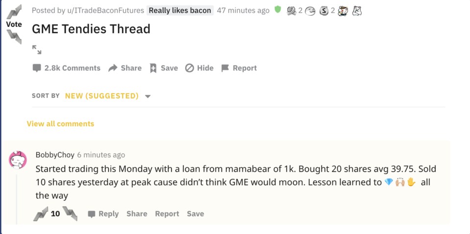 Reddit user reaction to $GME short squeeze