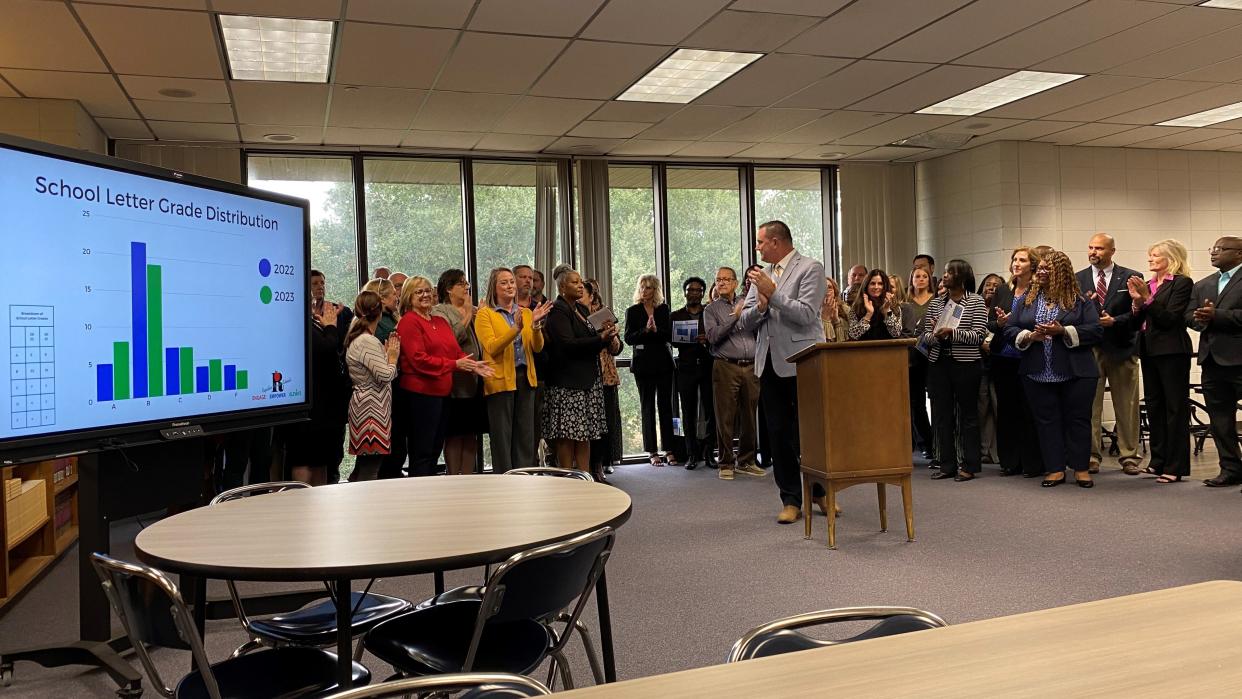 Rapides Schools Superintendent Jeff Powell applauds individual school letter grade gains during an event Nov. 13 to announce how the district performed on state assessment tests.