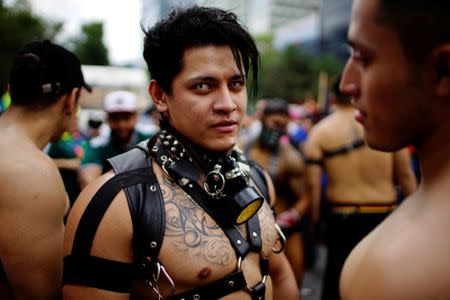 A participant looks at the camera during a a Gay Pride Parade in Mexico City, June 23, 2018. REUTERS/Alexandre Meneghini