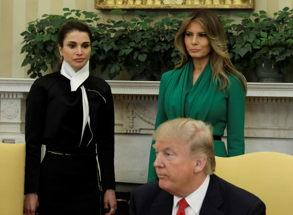 First lady Melania Trump and Jordan’s Queen Rania look on as President Trump meets with King Abdullah in Washington