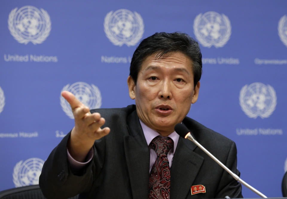 Deputy Permanent Representative of the Democratic People’s Republic of Korea Ri Tong Il, responds to a question during his news conference at United Nations headquarters, Monday, March 24, 2014. (AP Photo/Richard Drew)