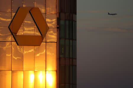 FILE PHOTO: The logo of Germany's Commerzbank is seen in the late evening sun on top of its headquarters in Frankfurt, Germany, September 29, 2016. REUTERS/Kai Pfaffenbach/File Photo