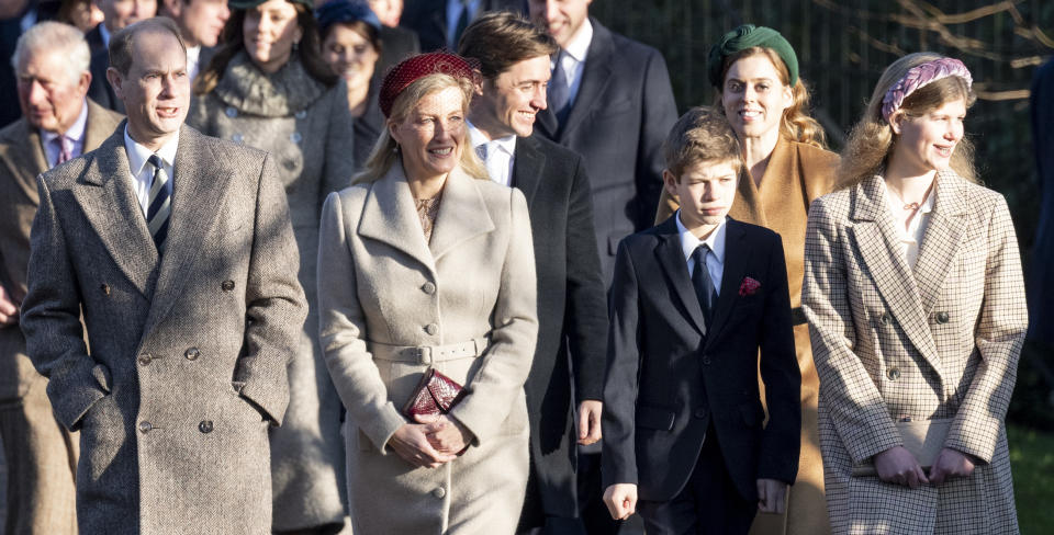 KING'S LYNN, ENGLAND - DECEMBER 25: Prince Edward, Earl of Wessex and Sophie, Countess of Wessex with James Viscount Severn and Lady Louise Windsor attend the Christmas Day Church service at Church of St Mary Magdalene on the Sandringham estate on December 25, 2019 in King's Lynn, United Kingdom. (Photo by UK Press Pool/UK Press via Getty Images)