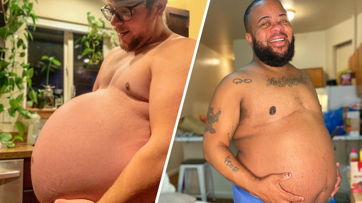 Trans dads Danny Wakefield, left, and Kayden Coleman, both shirtless, show their baby bumps. 
