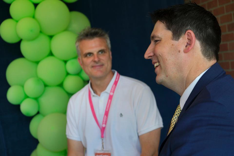 Filmmaker Bryan Beasley, left, and Oklahoma Historical Society Executive Director Trait Thompson, talk about the short film "The People's House: The Story of Oklahoma State Capitol," during the second day of deadCenter Film Festival in Oklahoma City, Friday, June 9, 2023.