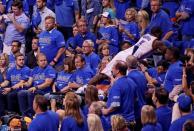 May 28, 2016; Oklahoma City, OK, USA; Oklahoma City Thunder guard Dion Waiters (3) dives into the crowd against the Golden State Warriors during the second half in game six of the Western conference finals of the NBA Playoffs at Chesapeake Energy Arena. Mandatory Credit: Kevin Jairaj-USA TODAY Sports