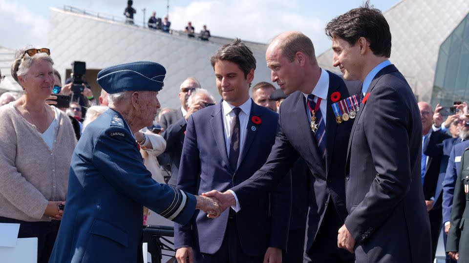 Prince William meets Richard Rohmer, 100, one of the most decorated Canadian veterans, accompanied by the Prime Minister of France Gabriel Attal and Canadian Prime Minister Justin Trudeau during the Canadian government ceremony at Juno Beach on Thursday. - Jordan Pettitt/Getty Images