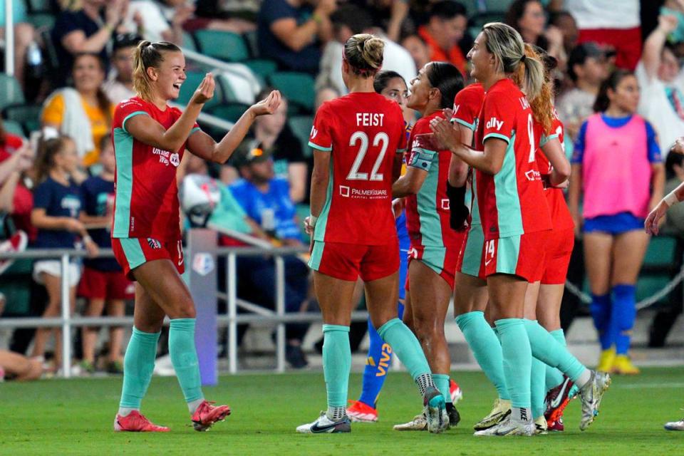 Kansas City Current midfielder Claire Hutton (left) celebrates her goal against Tigres UANL during the second half at CPKC Stadium on Aug. 1, 2024.