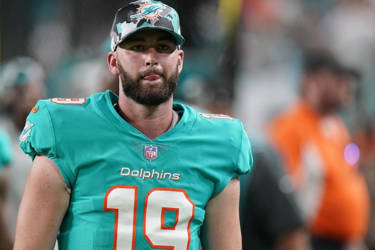 Miami Dolphins quarterback Skylar Thompson heads inside after the end of the first half of a NFL preseason football game against the Philadelphia Eagles, Saturday, Aug. 27, 2022, in Miami Gardens, Fla. (AP Photo/Wilfredo Lee)