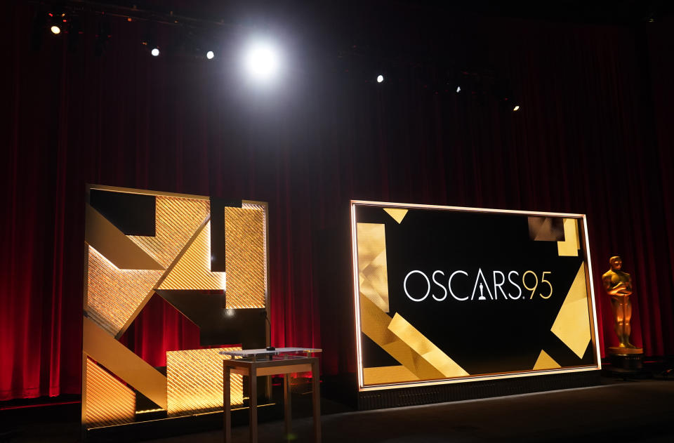 A view of the stage appears before the start of the 95th Academy Awards nomination ceremony on Tuesday, Jan. 24, 2023, at the Academy Museum in Los Angeles. The 95th annual Academy Awards will take place on Sunday, March 12, 2023, at the Dolby Theatre in Los Angeles. (AP Photo/Jae C. Hong)