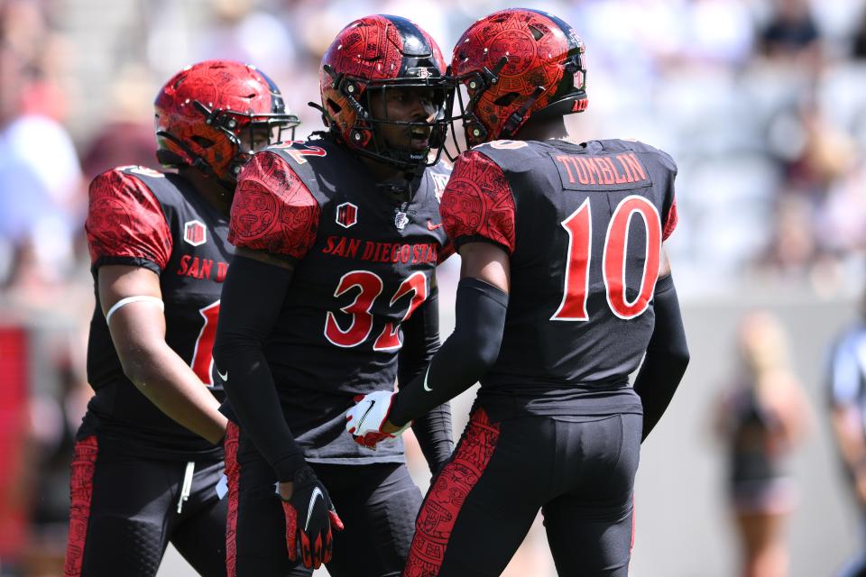 Sep 24, 2022; San Diego, California, USA; San Diego State Aztecs cornerback Dez Malone (32) is congratulated by cornerback Noah Tumblin (10) after breaking up a pass against the Toledo Rockets during the first half at Snapdragon Stadium. Mandatory Credit: Orlando Ramirez-USA TODAY Sports