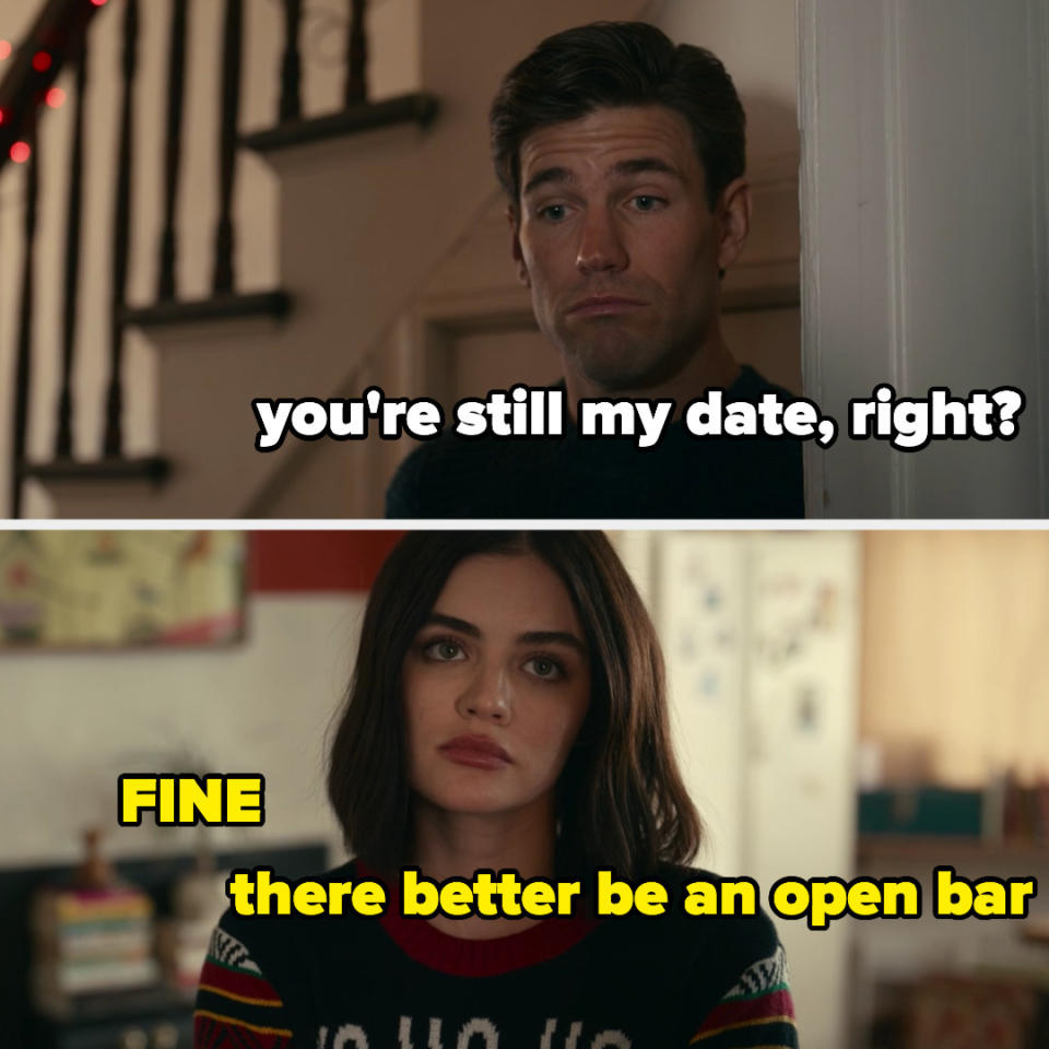 meme of Josh saying "You're still my date right?" and Lucy saying "FINE, there better be an open bar"