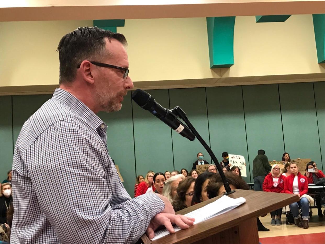 Colts Neck parent William Placek addressed the Colts Neck Board of Education, opposing the proposed transgender policy changes that were rejected.