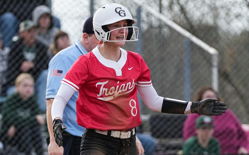 Center Grove Trojans Riley Janda (8) yells in excitement after scoring against the Pendleton Heights Arabians on Friday, March 31, 2023 at Pendleton Heights High School in Pendleton.