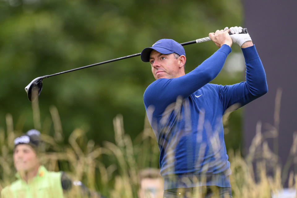 Rory McIlroy on the 10th hole on day one of the Scottish Open at The Renaissance Club, North Berwick, Scotland, Thursday July 11, 2024. (Malcolm Mackenzie/PA via AP)