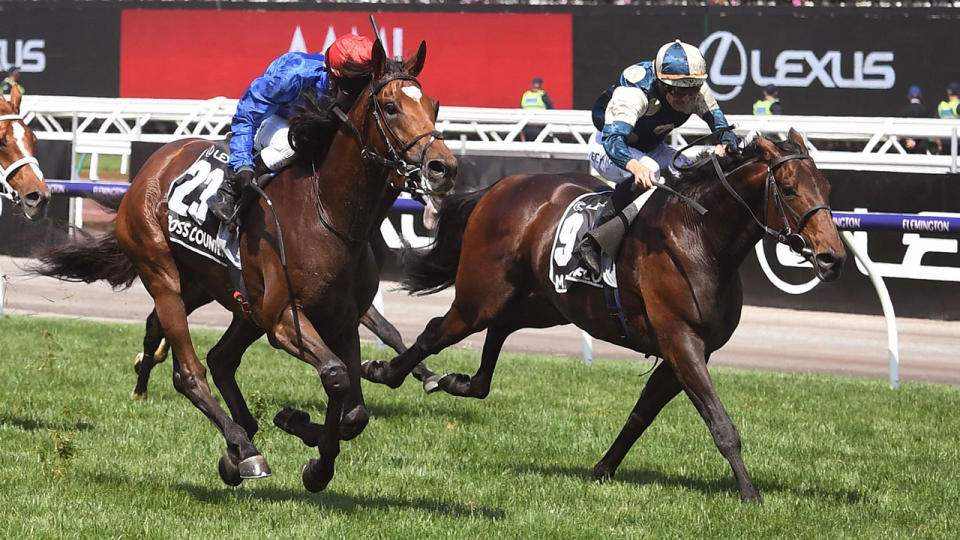 Hugh Bowman (R) has been suspended for his runner-up ride on Marmelo. Pic: Getty