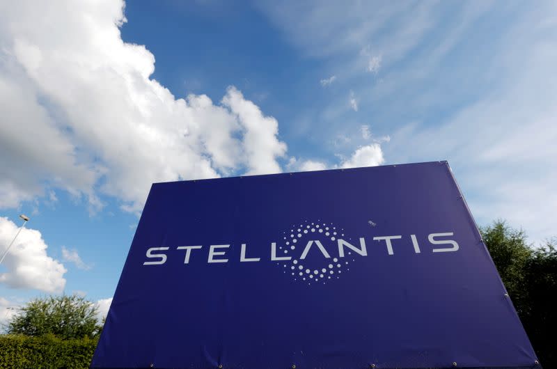 FILE PHOTO: The logo of Stellantis at the entrance of the company's factory in Hordain