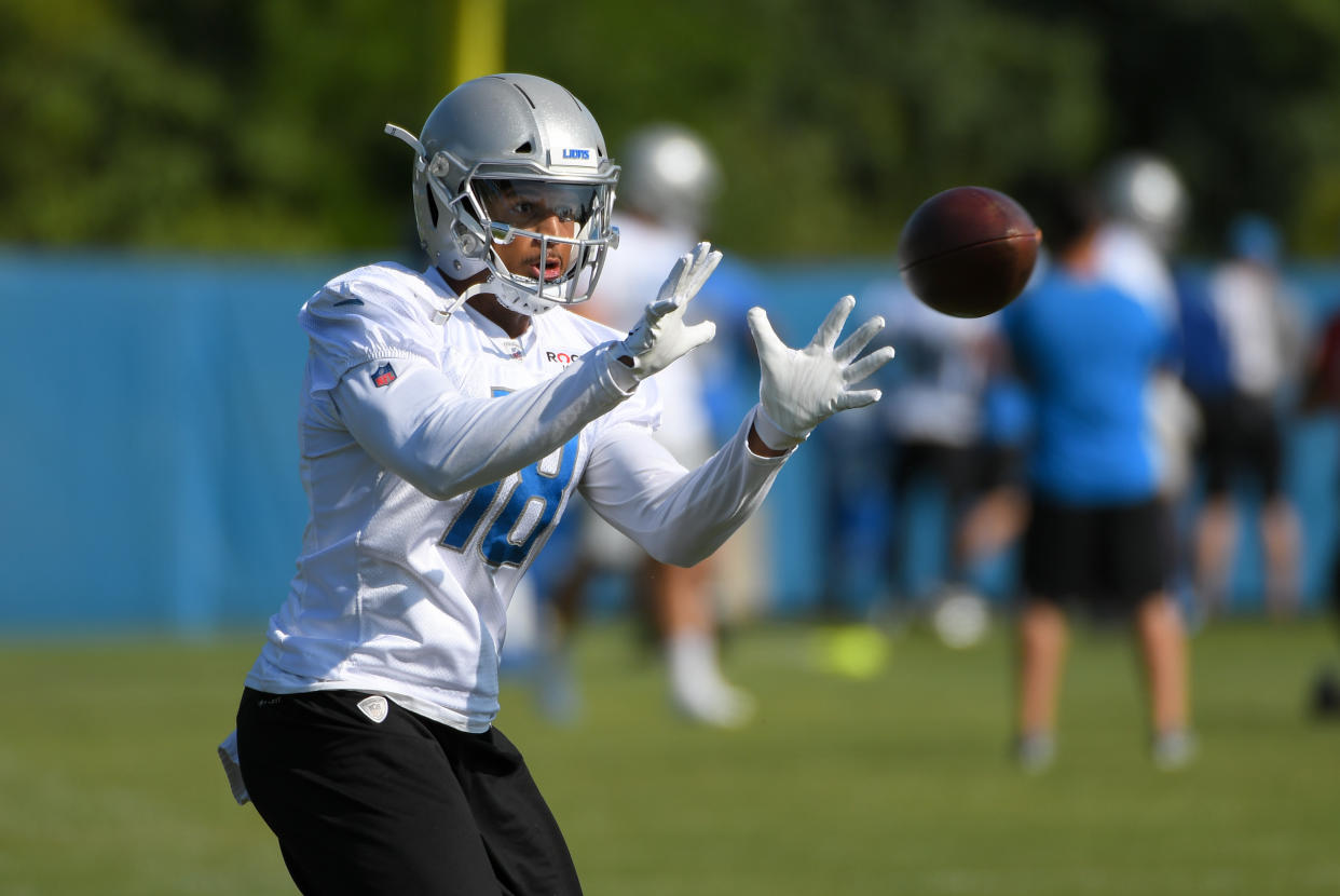 ALLEN PARK, MI - AUGUST 1: Detroit Lions WR (18) Jermaine Kearse during NFL football practice on August 1, 2019 at Detroit Lions Training Facilities in Allen Park, MI (Photo by Allan Dranberg/Icon Sportswire via Getty Images)