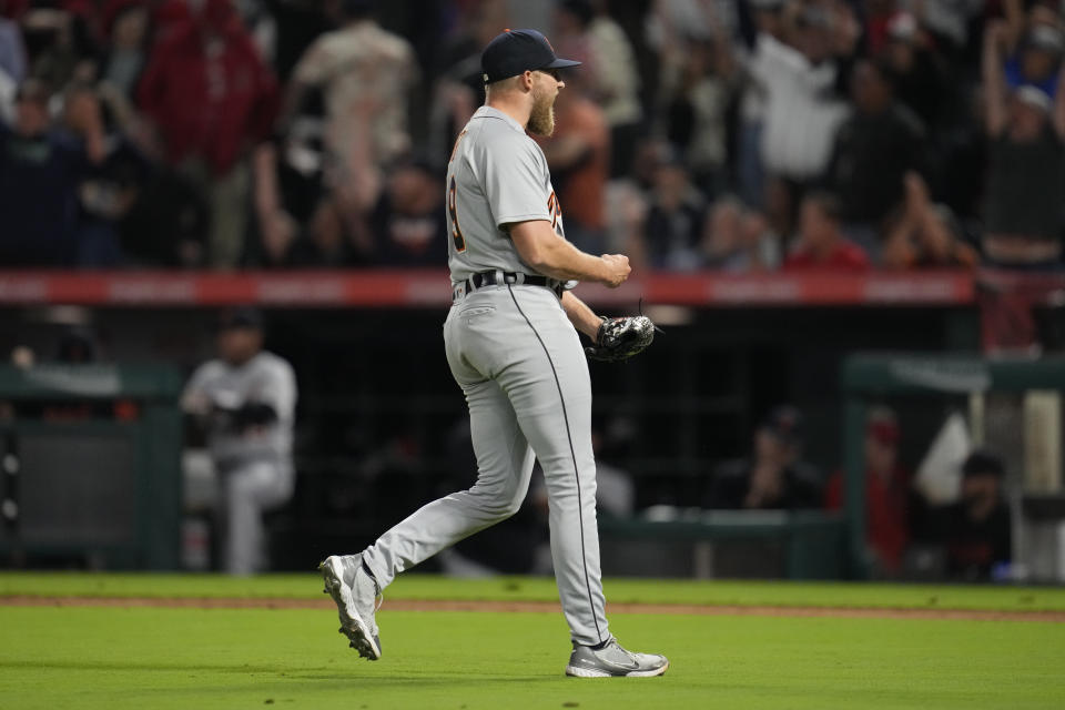 Detroit Tigers relief pitcher Will Vest (19) celebrates after winning 5-4 over the Los Angeles Angels in a baseball game in Anaheim, Calif., Saturday, Sept. 16, 2023. (AP Photo/Ashley Landis)