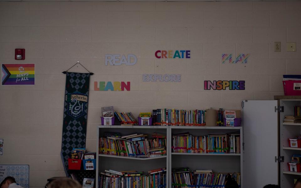 Inspirational words are displayed above a children’s book section in Samantha Simms' third grade classroom at Goodlettsville Elementary School in Nashville on May 15.