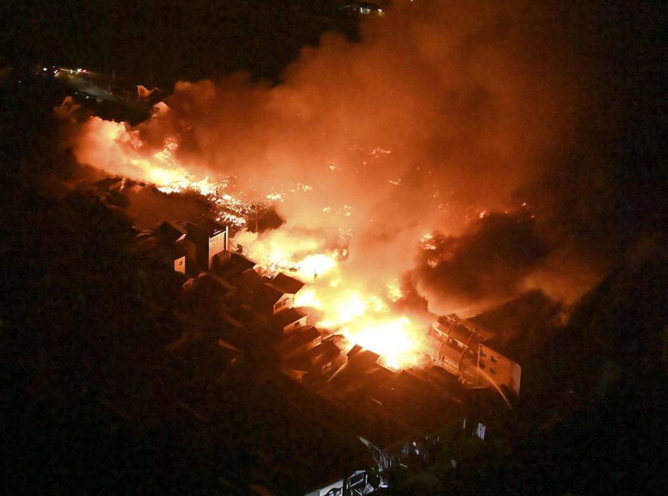 PHOTO: An aerial view shows fire site after an earthquake at a residential area in Wajima, Ishikawa Prefecture, Japan, Jan. 1, 2024, in this photo released by Kyodo. (Kyodo via Reuters)