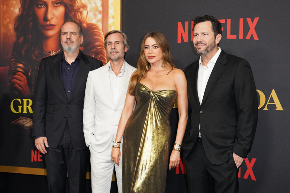 (L-R) Luis Balaguer, Andrés Baiz, Sofía Vergara and Eric Newman attend the "Griselda" premiere at The Fillmore Miami Beach on January 23, 2024 in Miami Beach, Florida.