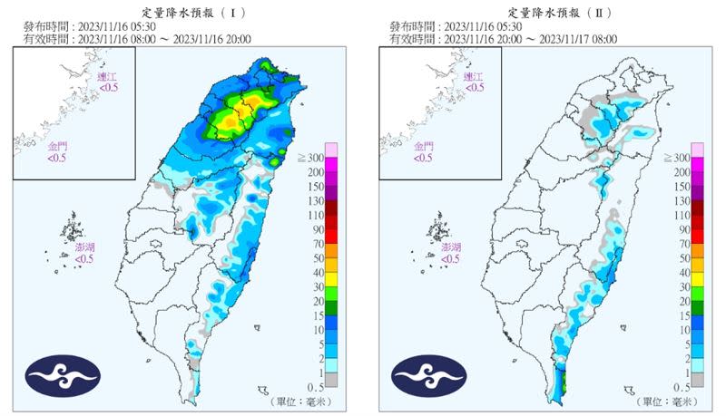 今鋒面通過半個台灣有雨，但晚間雨勢就會逐漸趨緩。（圖／氣象署）