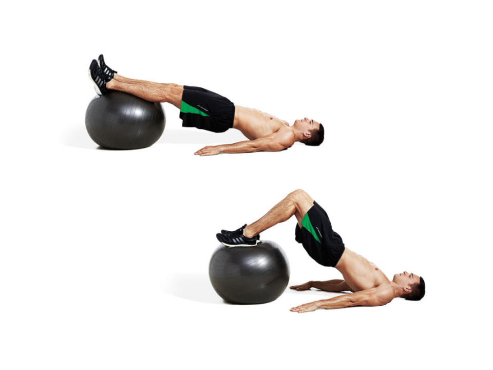 How to do it:<ol><li>Position a Swiss ball in front of your feet.</li><li>Lie down with your back and palms flat on the floor.</li><li>Place your heels on top of the ball, then press your hips and glutes off the floor.</li><li>Keep your back straight and abs engaged.</li><li>Dig your heels into the ball as you curl it toward your glutes.</li><li>Reverse the motion, and press the Swiss ball away from your glutes to the start position.</li></ol>