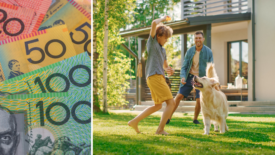 Cost of living: Australian currency and a father and son play with a dog outside.