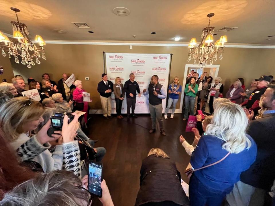GOP nominee for Kentucky governor Attorney General Daniel Cameron was joined on the campaign trail in Glasgow by Kelley Paul, wife of U.S. Sen. Rand Paul, R-KY, Arkansas Gov. Sarah Huckabee Sanders and former University of Kentucky swimmer Riley Gaines. Tessa Duvall/tduvall@herald-leader.com