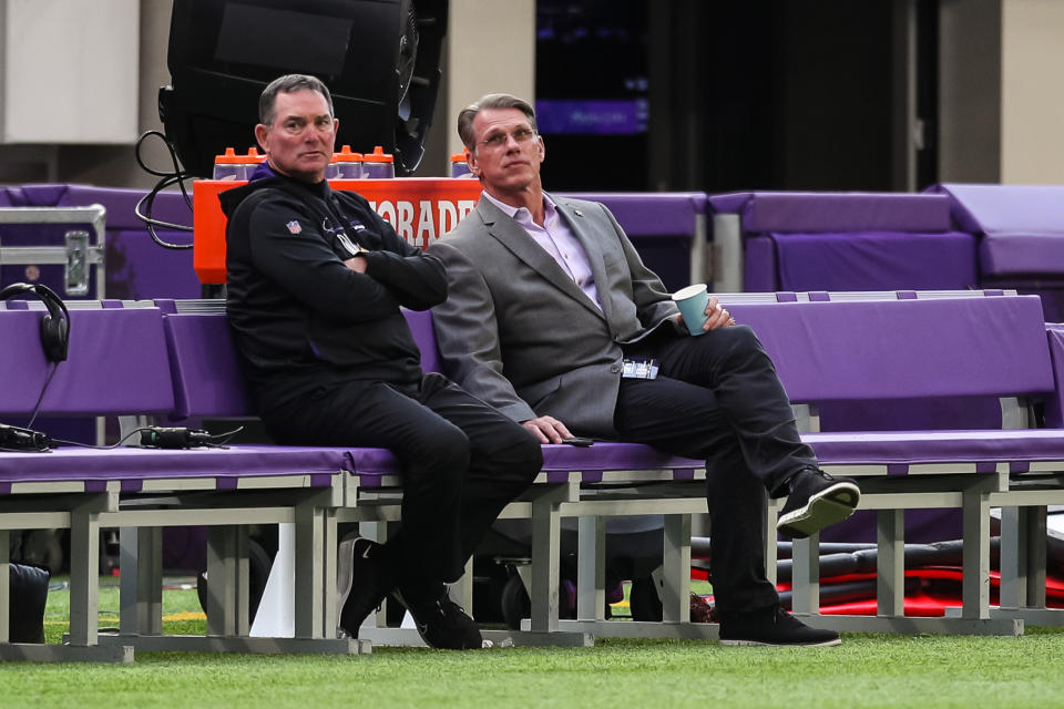 Former Vikings head coach Mike Zimmer, left, and former general manager Rick Spielman had worked together for the past eight seasons. (Photo by David Berding/Getty Images)