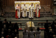 <p>Rev. Dr. Russell J. Levenson, Jr., second from right, gives a sermon during a funeral service for former first lady Barbara Bush at St. Martin’s Episcopal Church, Saturday, April 21, 2018, in Houston. (Photo: David J. Phillip, Pool/AP) </p>