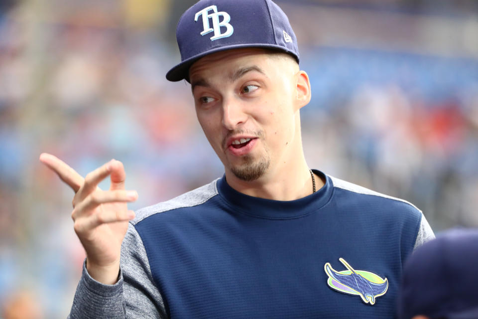 Jul 22, 2019; St. Petersburg, FL, USA;Tampa Bay Rays pitcher Blake Snell (4) looks on against the Boston Red Sox at Tropicana Field. Mandatory Credit: Kim Klement-USA TODAY Sports
