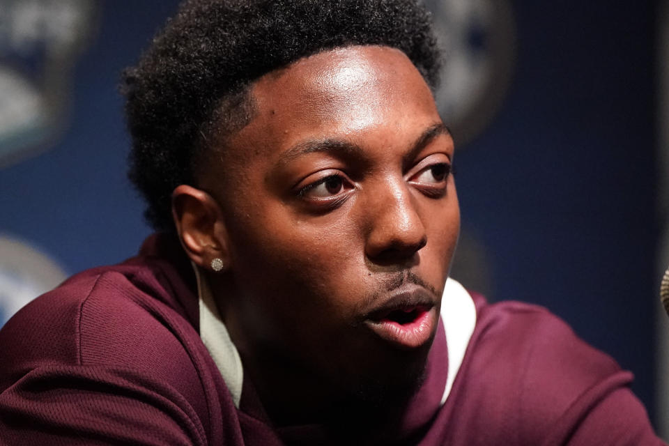 Texas A&M NCAA college basketball player Wade Taylor IV speaks during Southeastern Conference Media Days, Wednesday, Oct. 18, 2023, in Birmingham, Ala. (AP Photo/Mike Stewart)