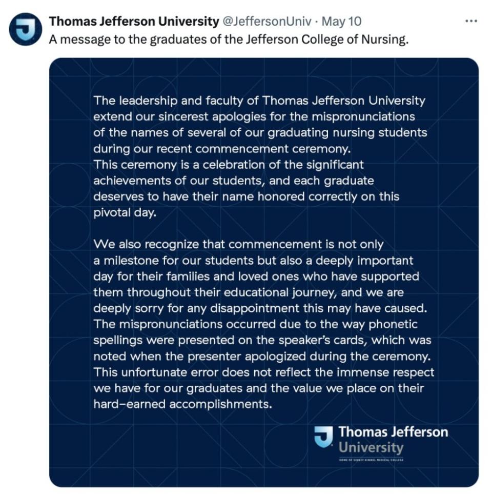 The university apologized to graduates and their families. Thomas Jefferson University / X