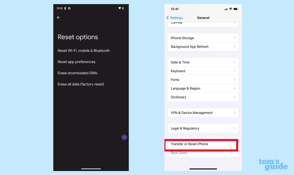 Reset phone to factory settings for Android (left) and iOS (right)