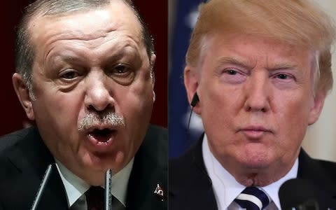 President of Turkey Recep Tayyip Erdogan and Donald Trump have traded attacks over a detained American pastor - Credit: AFP