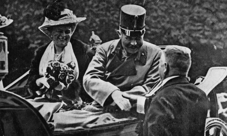 Franz Ferdinand, archduke of Austria, and his wife Sophie riding in an open carriage at Sarajevo shortly before their assassination.