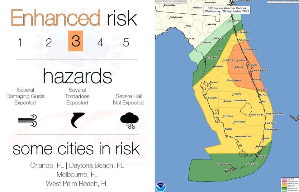 Risks of tornadoes from Hurricane Ian as of Wednesday, Sept. 28, 2022.