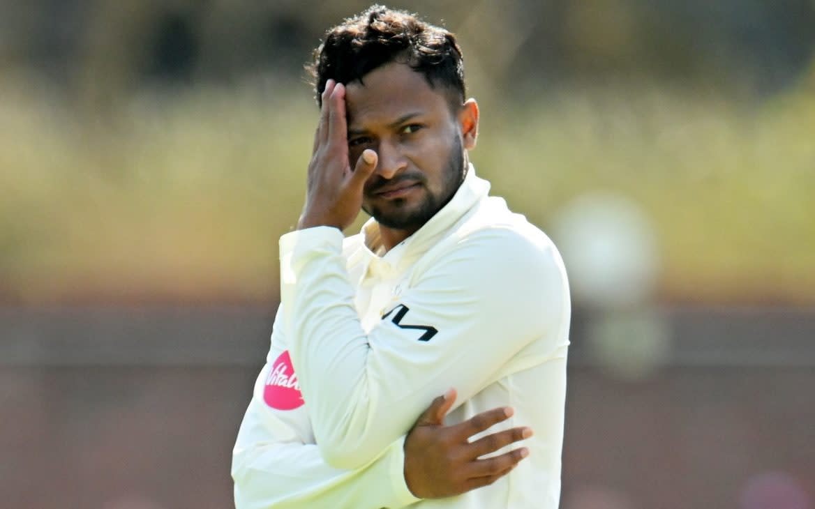 Shakib Al Hasan in action for Surrey during day one of the Vitality County Championship Division One match between Somerset and Surrey in Taunton