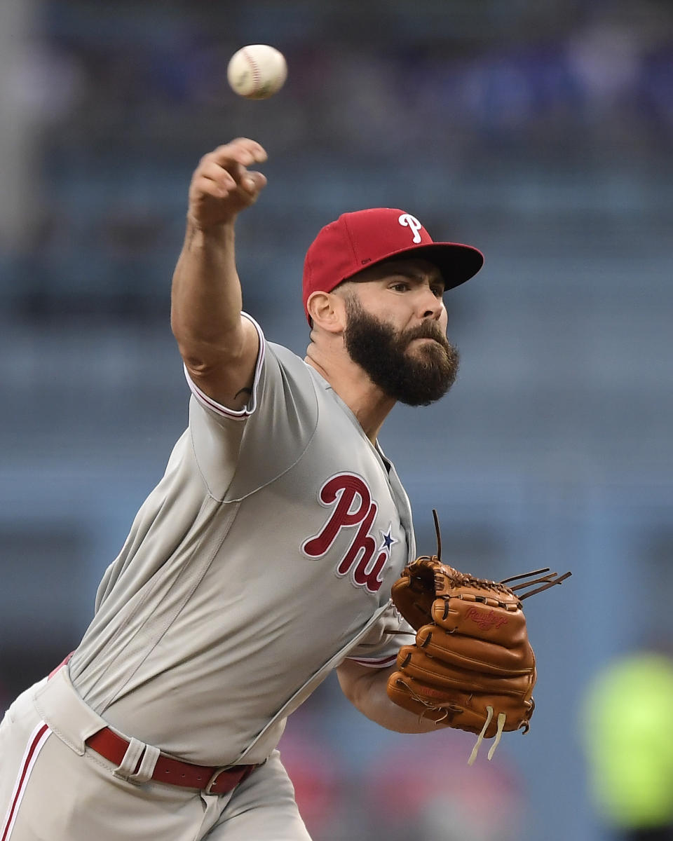 Philadelphia Phillies starting pitcher Jake Arrieta throws to the plate during the first inning of a baseball game against the Los Angeles Dodgers Friday, May 31, 2019, in Los Angeles. (AP Photo/Mark J. Terrill)