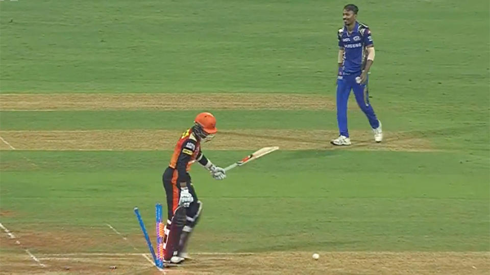 Hardik Pandya could only laugh at this run out. Pic: IPL