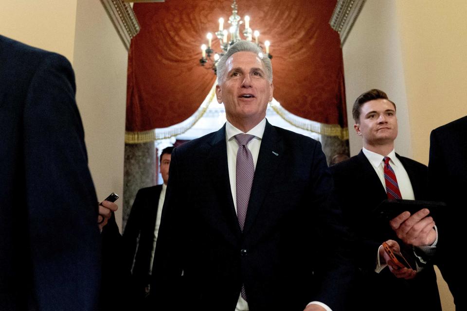 House Speaker Kevin McCarthy speaks to reporters on Capitol Hill on Wednesday.