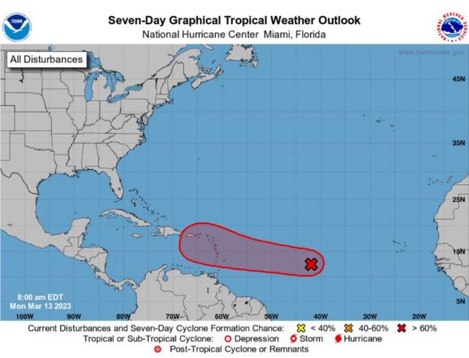 This is an example of what the NHC’s new 7-day forecast for potential tropical cyclones will look like in the 2023 hurricane season. It is not a real storm.