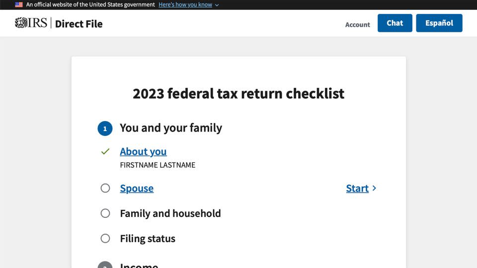 This screenshot shows the Internal Revenue Service's free tax filing pilot. - Internal Revenue Service